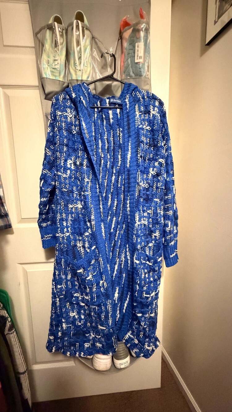 Blue Waters Long-Sleeve Hooded Duster Cardigan Sweater in Blue and White Knit